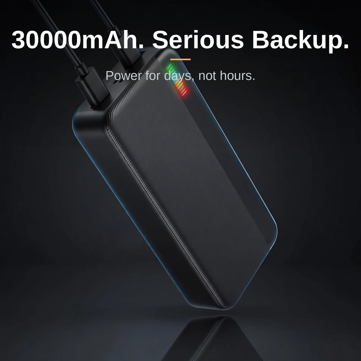 Joyroom JR-T018 Dazzling Series 30000mAh power bank with two cables connected to its dual USB outputs