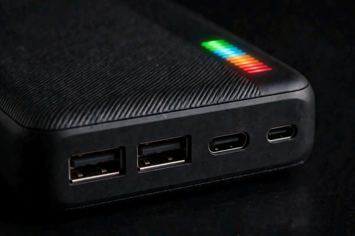 Joyroom JR-T018 power bank price detail showing dual USB output ports with Type-C and Micro inputs on the end panel
