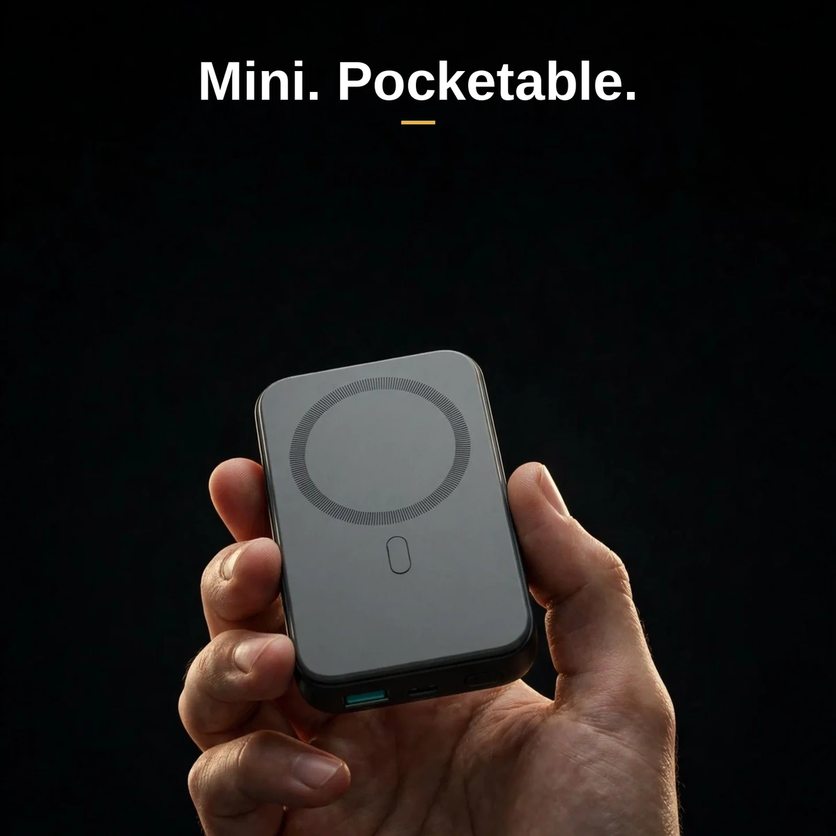 Joyroom JR-W020 mini power bank held in one hand, showing its compact size and magnetic face