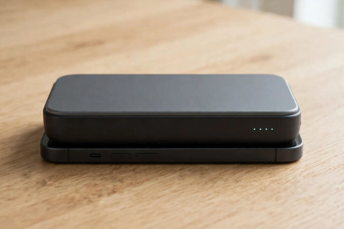 Joyroom JR-W020 side profile sitting flush on the back of a phone with its LED indicators lit