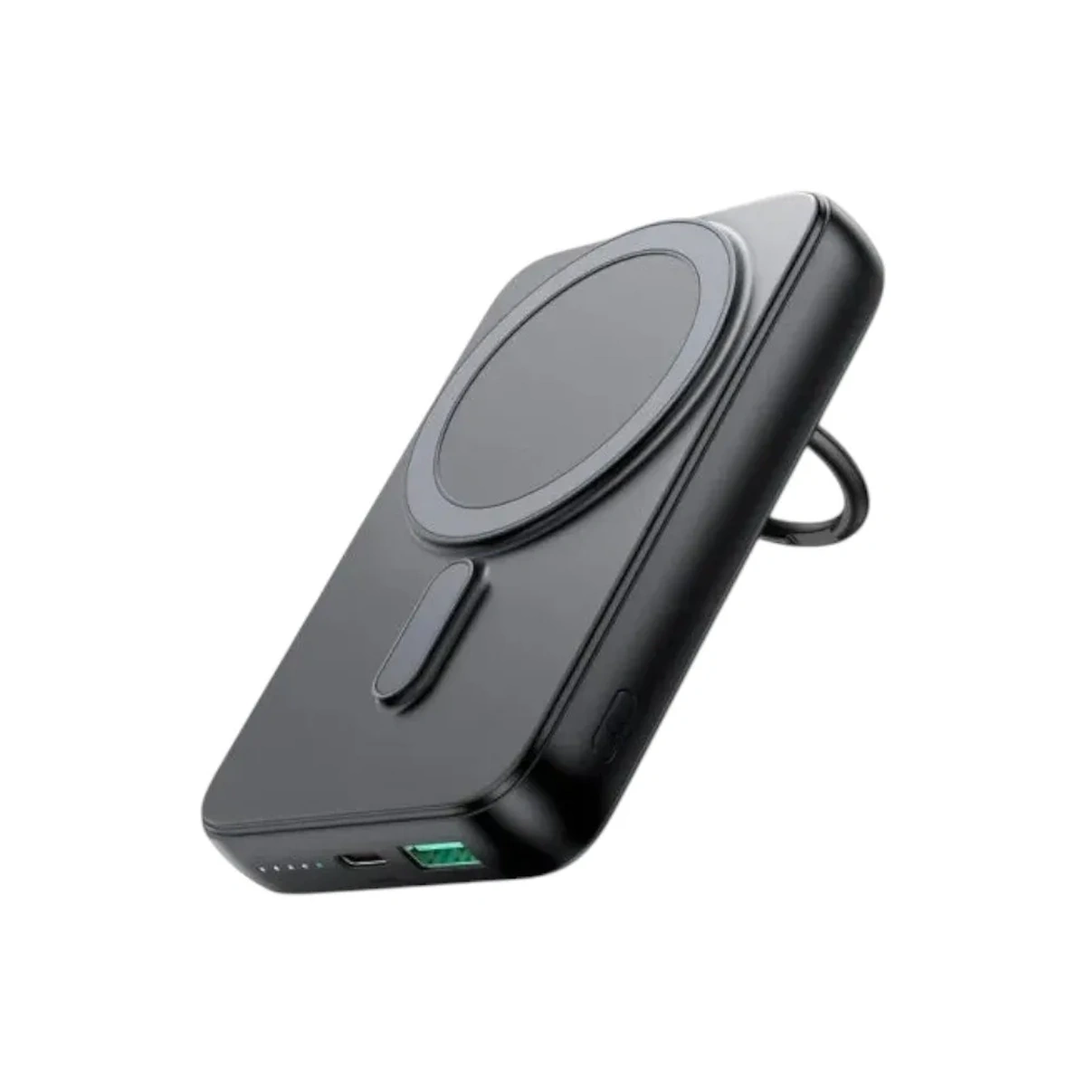 Joyroom JR-W050 magnetic wireless power bank in black showing the circular magnetic pad, ring holder and bottom-edge ports