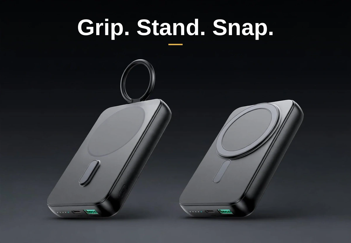 JR-W050 ring holder shown extended for grip and folded flat against the back of the bank