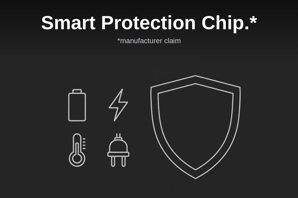 JR-W050 smart protection chip diagram covering the listed over-charge, over-discharge, over-voltage and temperature protections
