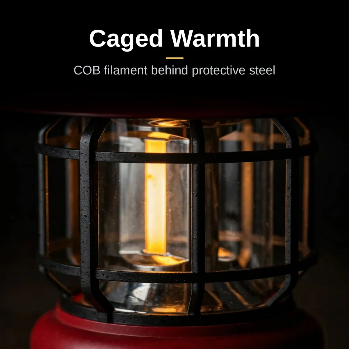 Close-up of the L-27 camping lamp metal cage and glass enclosure