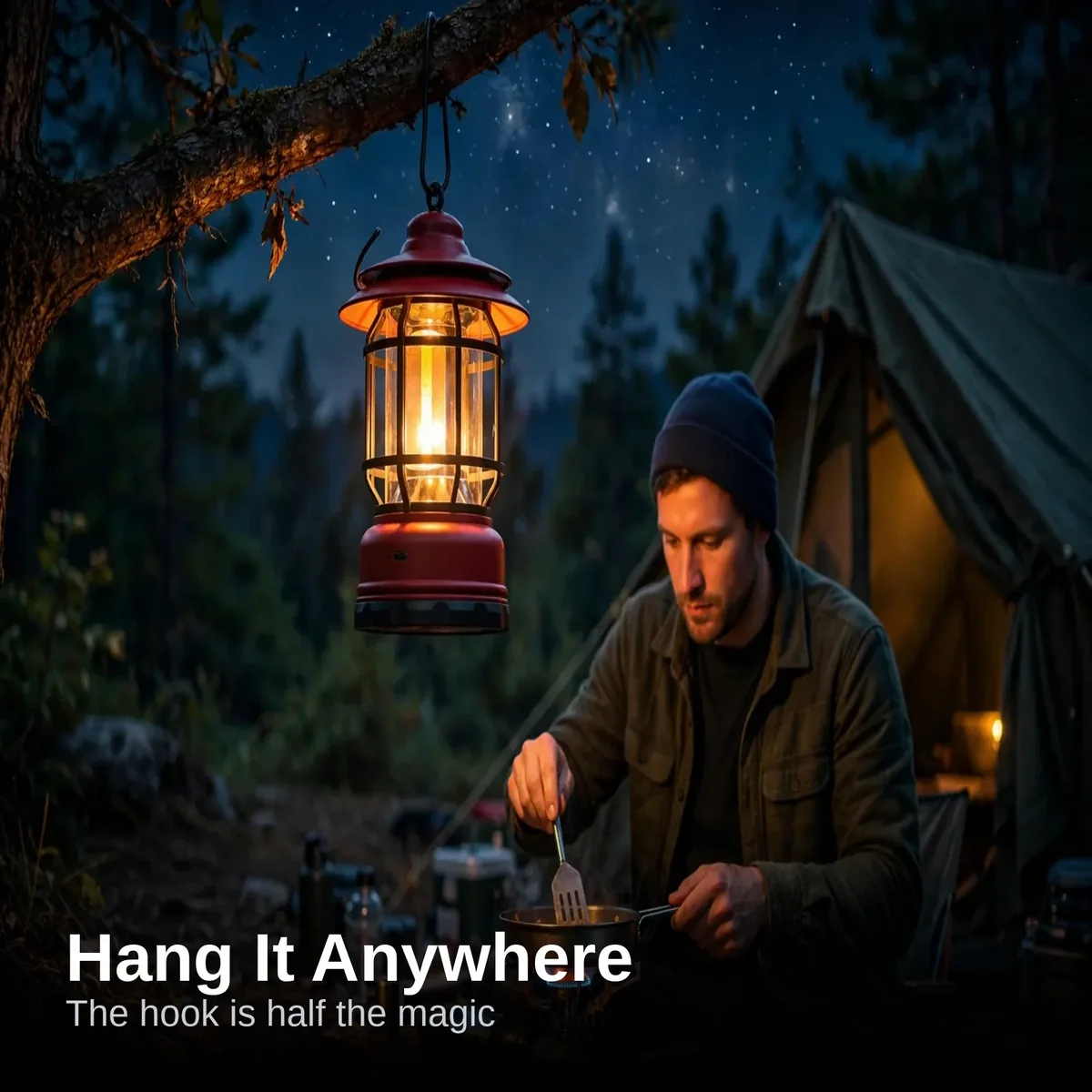 L-27 camping lamp glowing warmly at a campsite at dusk