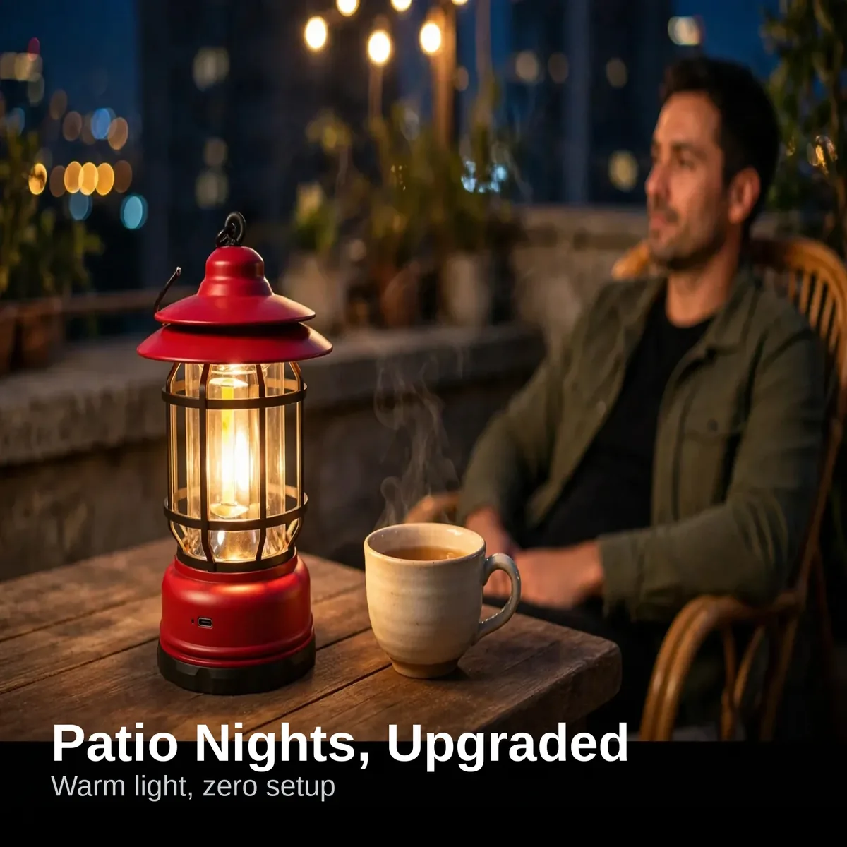 L-27 camping lamp lighting up a patio table in the evening