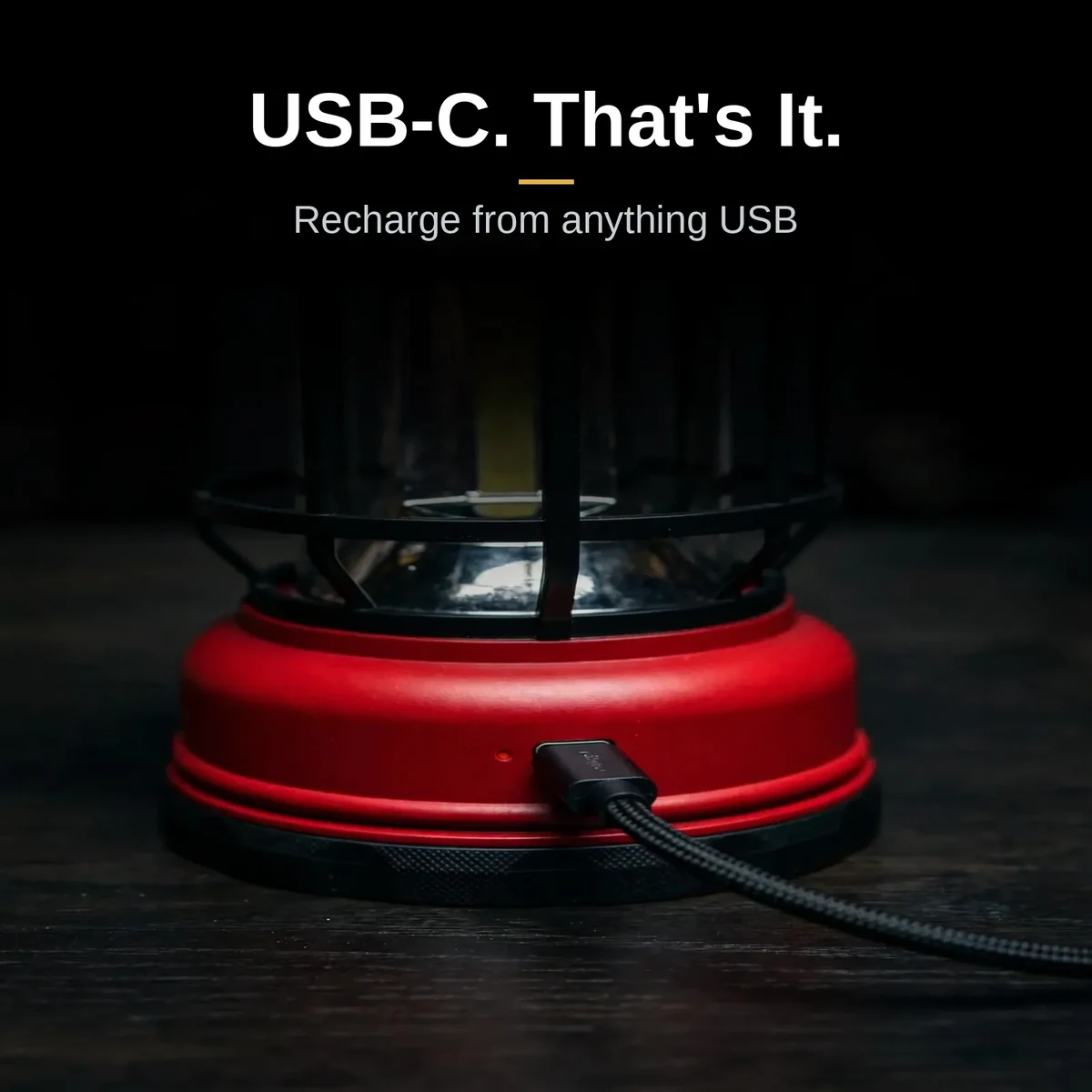 USB-C charging port on the base of the L-27 camping lamp