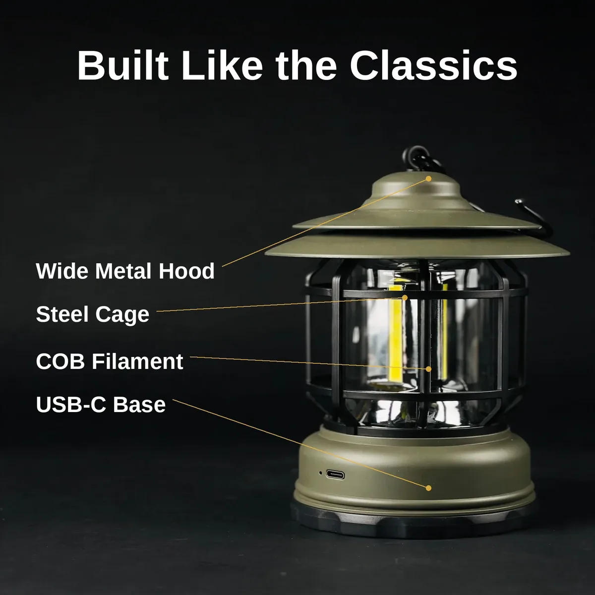 L-27 camping lamp product callouts showing hook, cage, and charging port