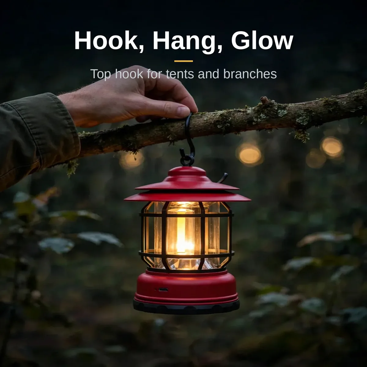 L-27 camping lamp hanging from its top hook