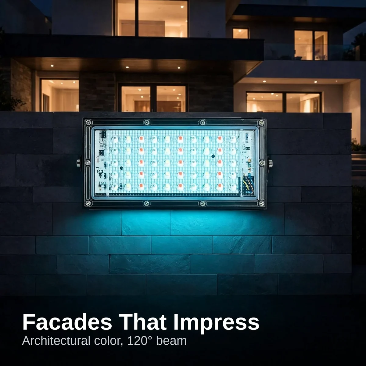 LED flood light 50W washing a modern home facade in cyan light at night