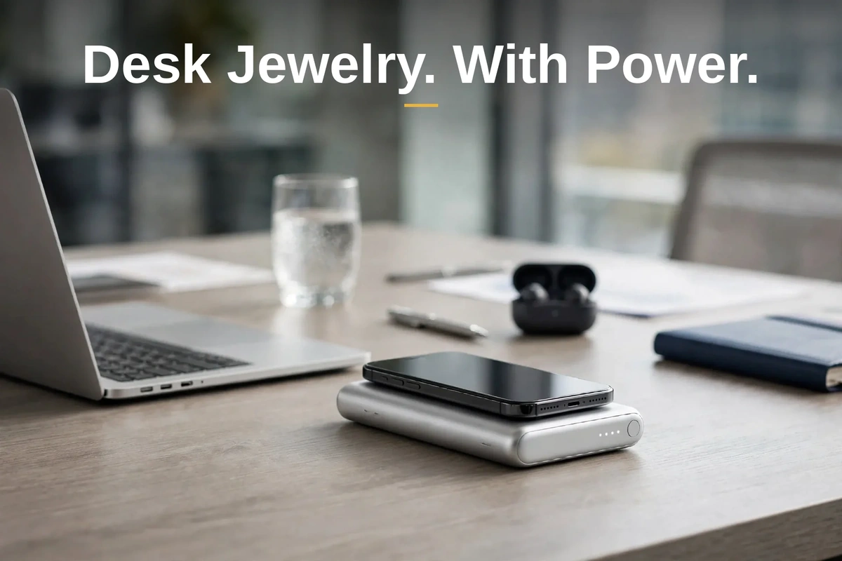 Momax 1-Power Pass Soda Pop power bank on a desk with a phone sitting flush on its magnetic face