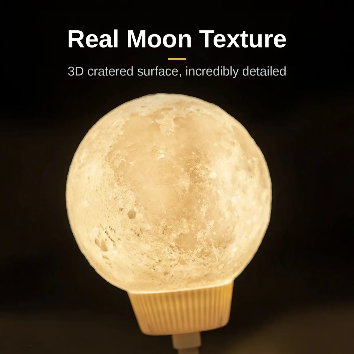 Macro view of the cratered 3D moon surface of the moon light voice controlled lamp