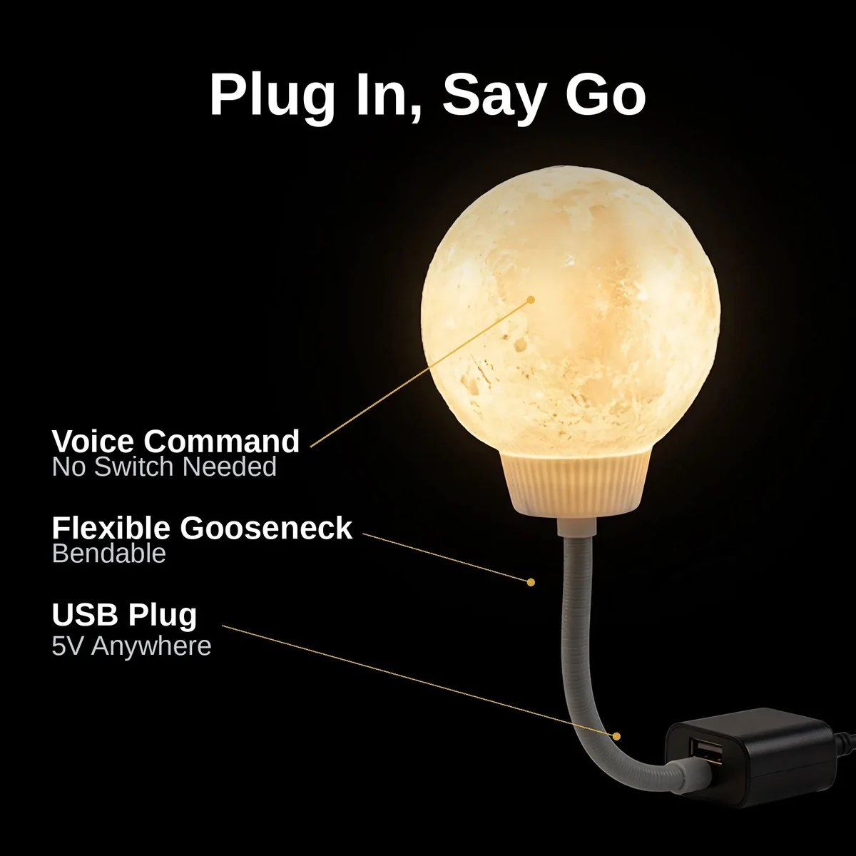 Moon light voice controlled lamp with callouts for voice control, USB plug, and gooseneck