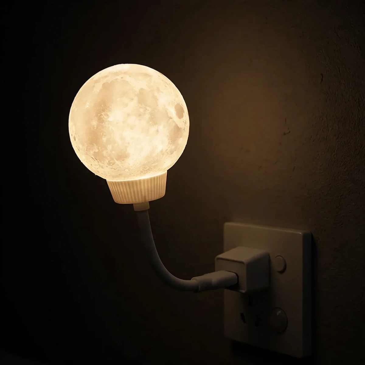 Moon light voice controlled lamp front and angled gallery views glowing in the dark