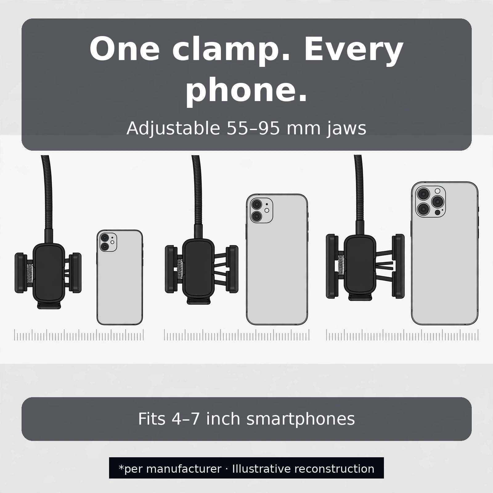 Neepho NP-G1 neck mount clamp diagram showing 55 to 95 mm range for 4 to 7 inch smartphones