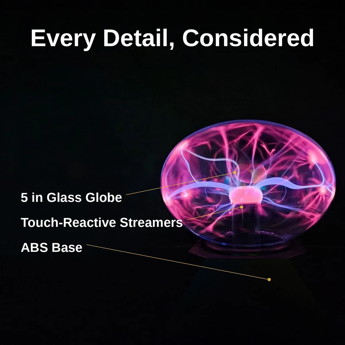Plasma ball 5 inch with callouts for the glass globe, touch-reactive streamers, and ABS base