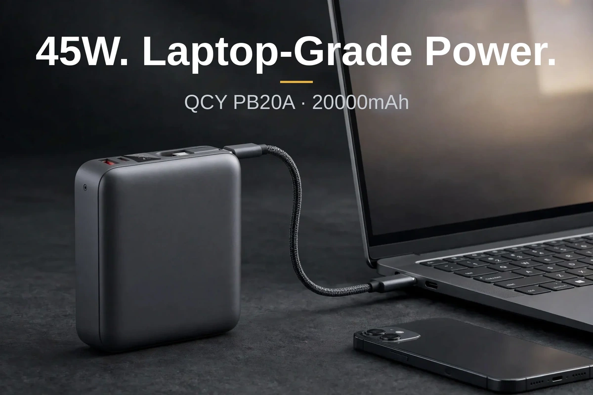 QCY PB20A 45W USB-C PD power bank charging a USB-C laptop with its braided cable