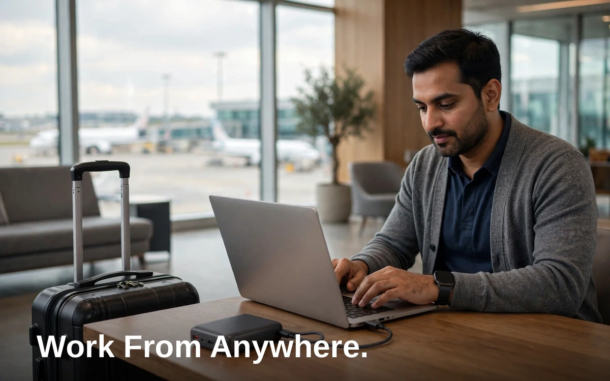 Traveller working on a laptop powered by the QCY PB20A 20000mAh power bank in an airport lounge
