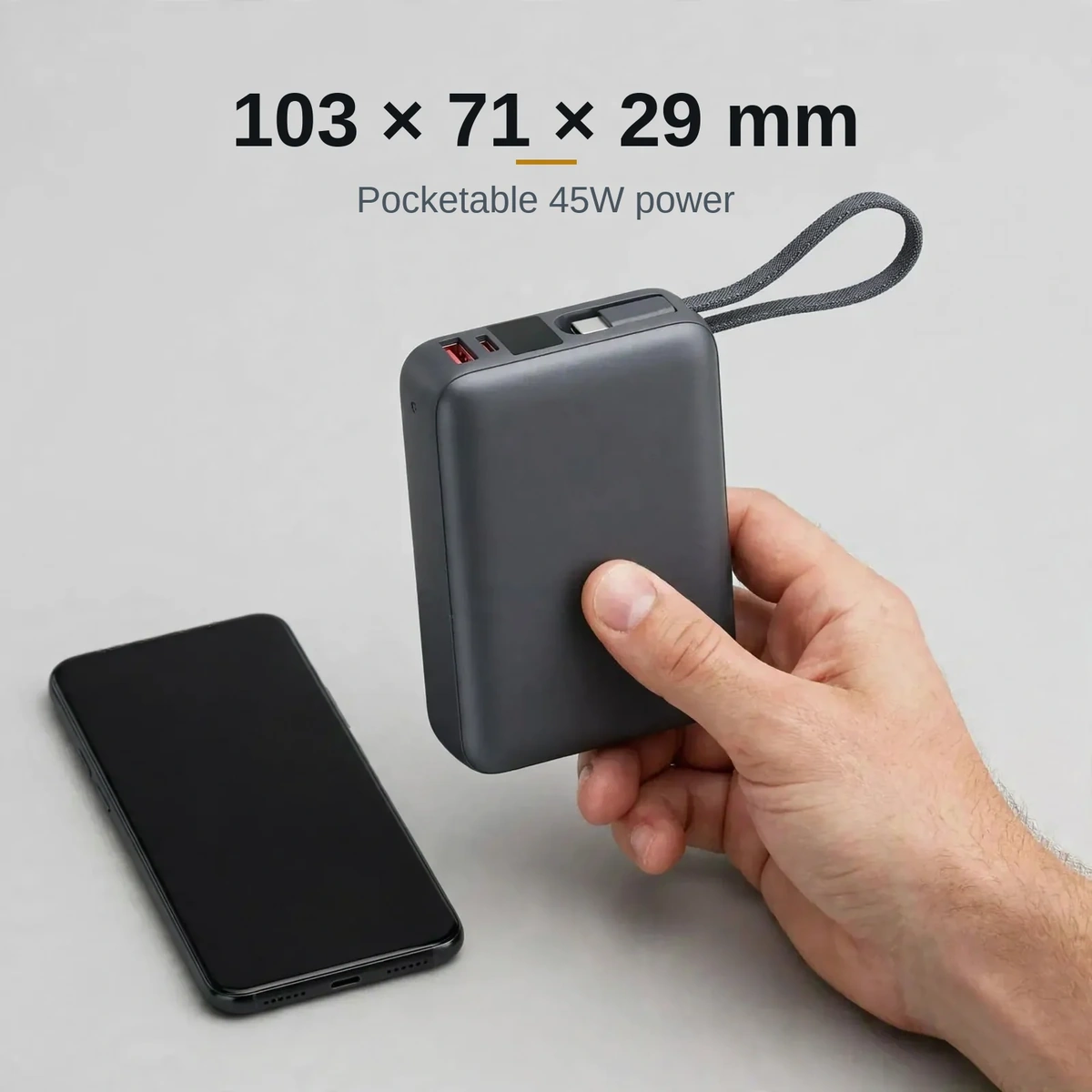 QCY PB20A power bank held in one hand beside a smartphone, 103 by 71 by 29 mm