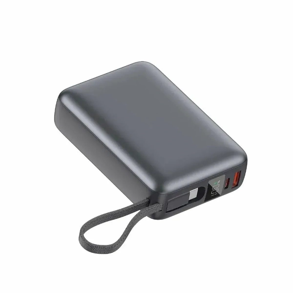 Top view of the QCY PB20A showing USB-A port, USB-C port and docked built-in cable tip