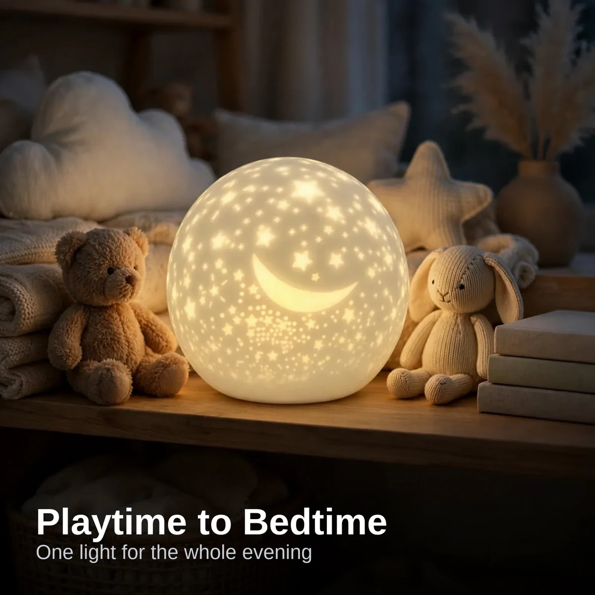 Silicone star night light glowing in a kids' playroom at dusk