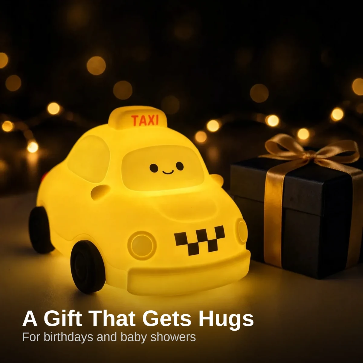 Taxi night lamp glowing cord-free on a bedside table