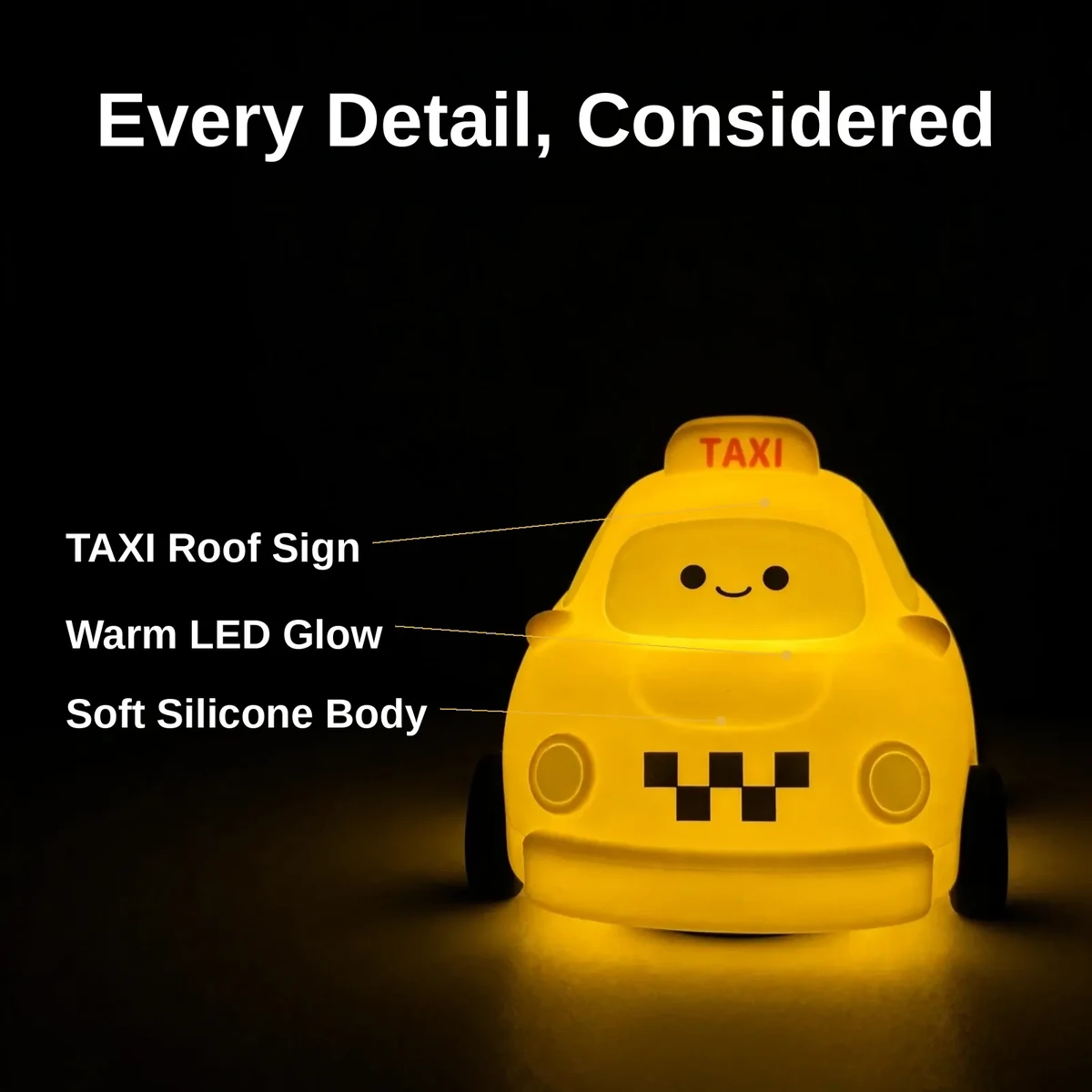 Taxi night lamp with callouts for the TAXI roof sign, silicone body, and warm LED glow