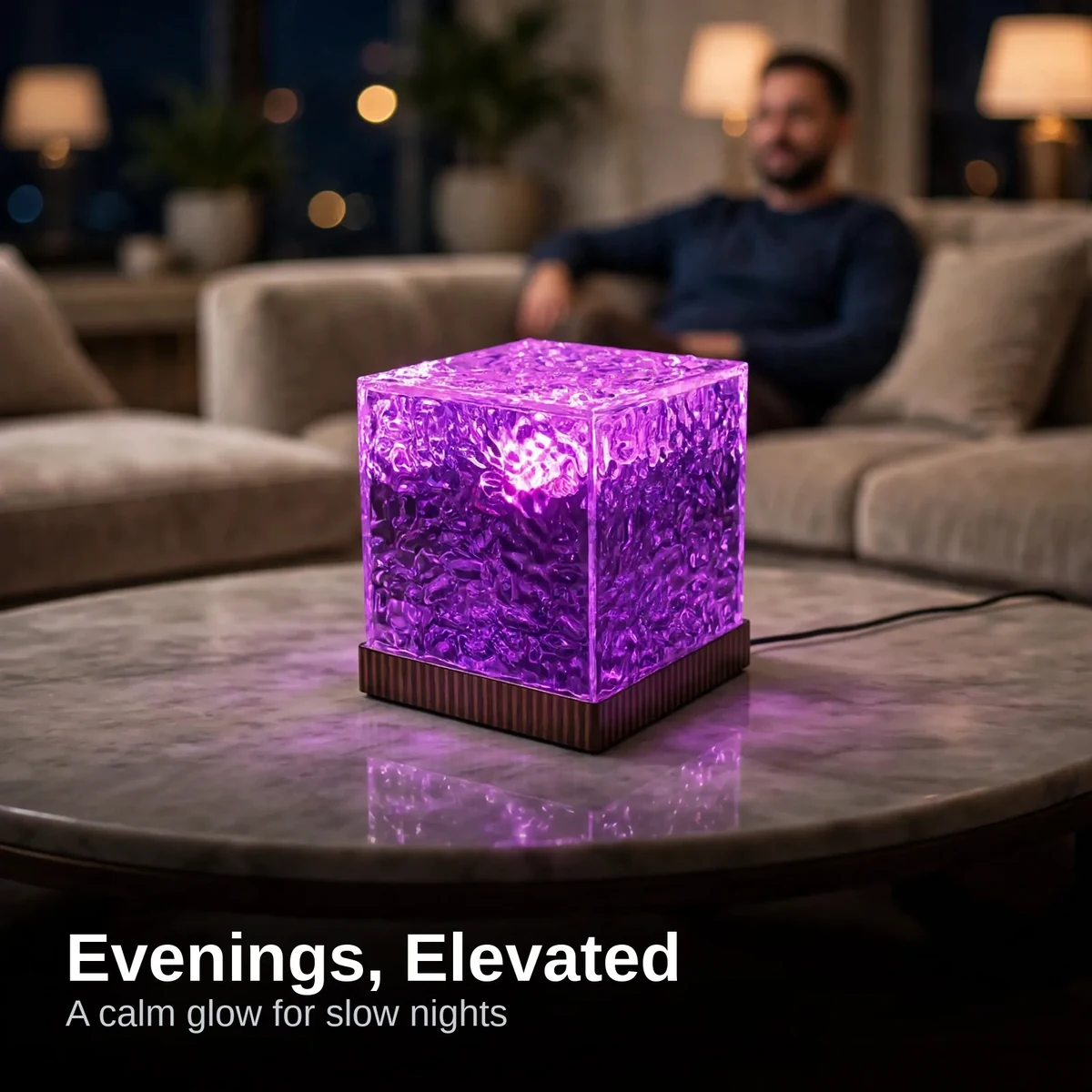 USB water pattern light glowing on a living room coffee table at night