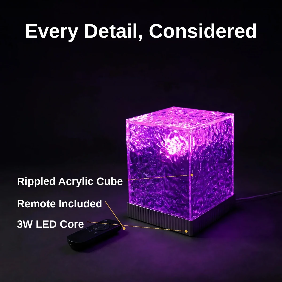 USB water pattern light with callouts for the crystal cube, LED core, and remote