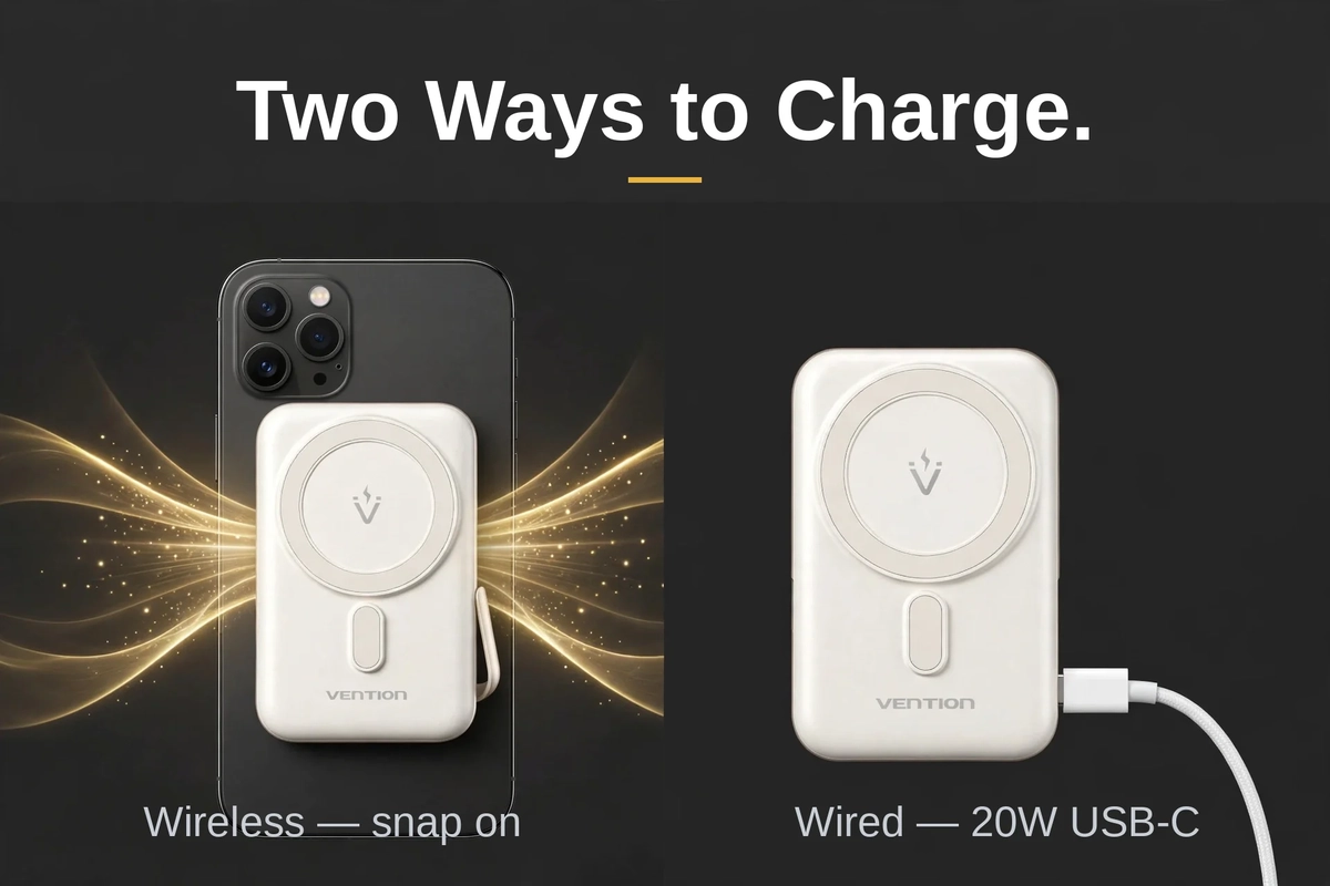 Vention FHNW0 white power bank shown in wireless snap-on mode and wired 20W USB-C mode side by side