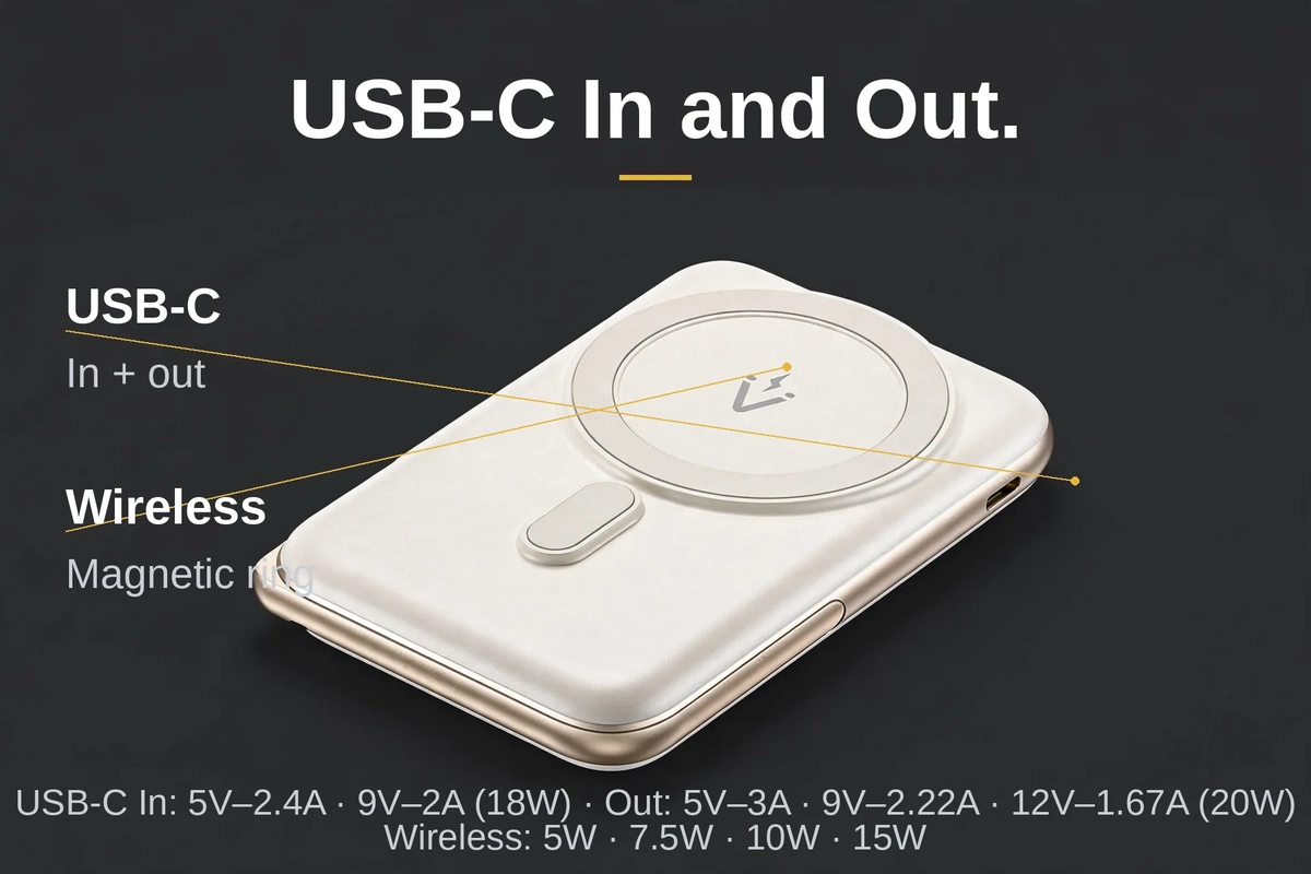 Vention FHNW0 port map showing the USB-C input and output ratings and the magnetic wireless ring