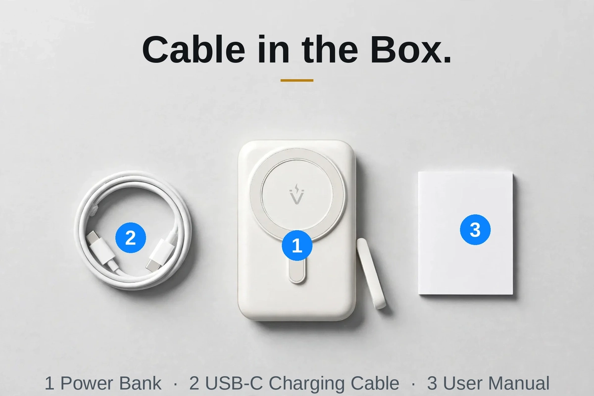 Vention FHNW0 white power bank with the included USB-C charging cable and user manual laid out flat