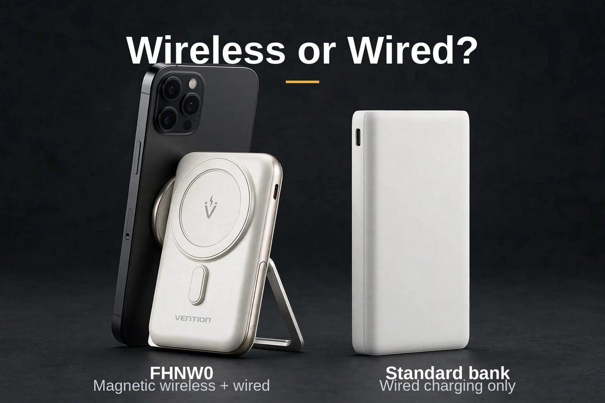 Vention FHNW0 power bank price compared with a standard wired-only power bank, magnetic wireless plus wired against wired only