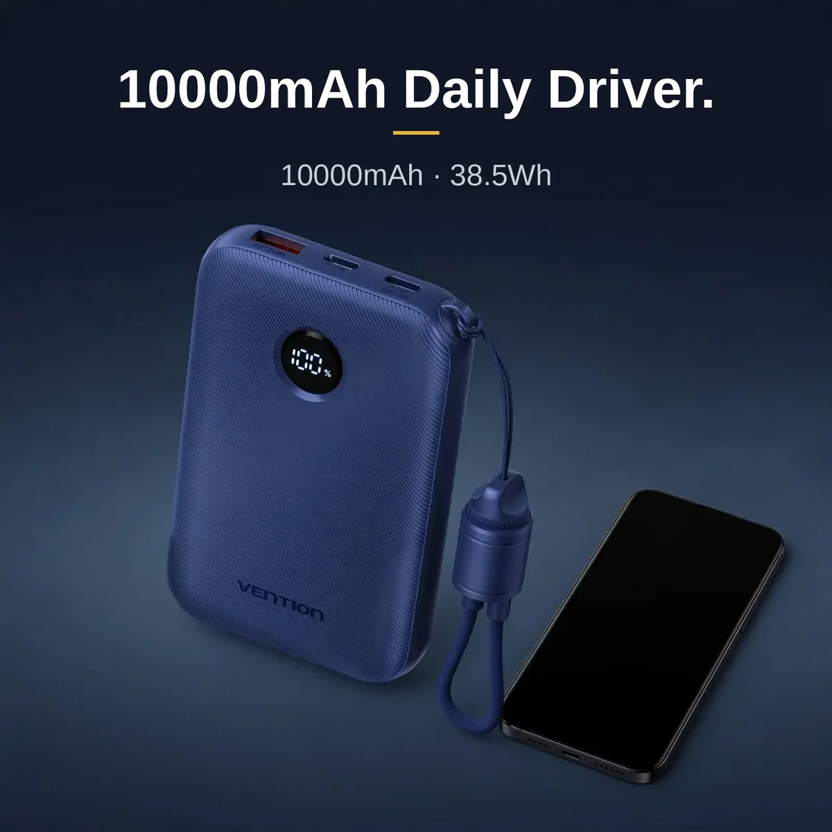 Vention FKAL0-C power bank price — blue FKAL0-C beside a phone, showing the 10000mAh and 38.5Wh capacity rating
