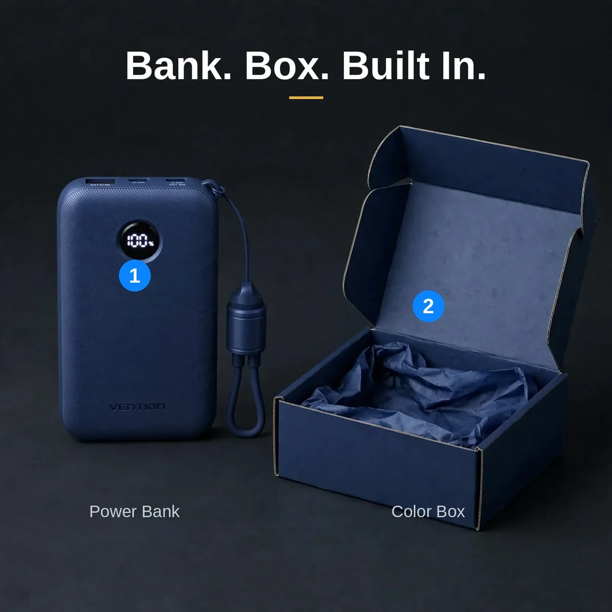 Vention FKAL0-C power bank price — what is in the box: the blue FKAL0-C power bank and its colour box