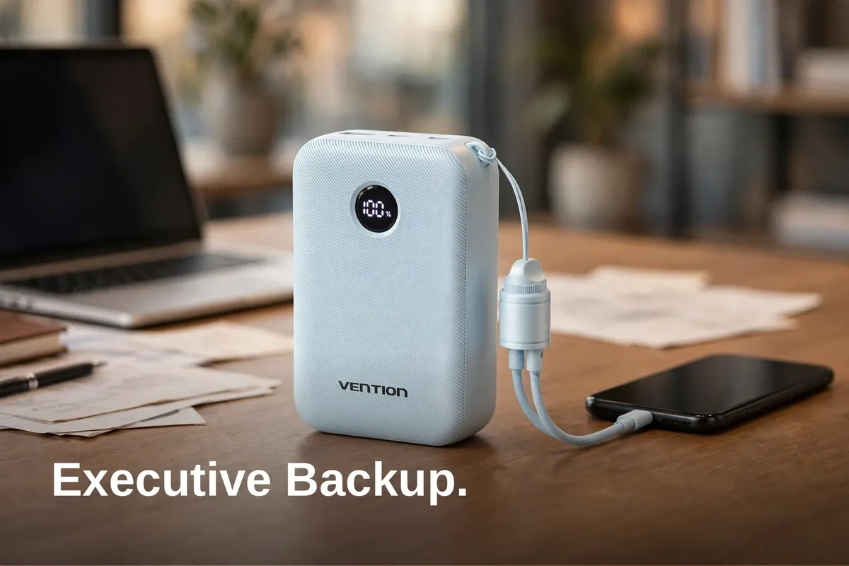 Vention FKBL0-C power bank price — blue FKBL0-C on an office desk charging a phone by its built-in cable