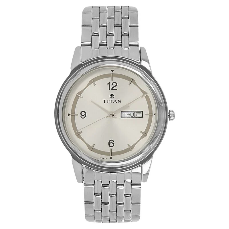 Titan Quartz Analog with Day and Date Silver Dial Stainless Steel Strap Watch for Men - NK1638SM01 Titan Quartz Analog with Day and Date Silver Dial Stainless Steel Strap Watch for Men - NK1638SM01
