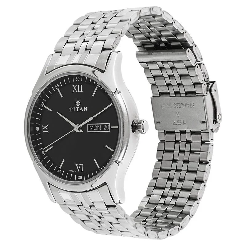 Titan Karishma Black Dial Analog with Day and Date Stainless Steel Strap watch for Men(NS1636SM01) Titan Karishma Black Dial Analog with Day and Date Stainless Steel Strap watch for Men(NS1636SM01)