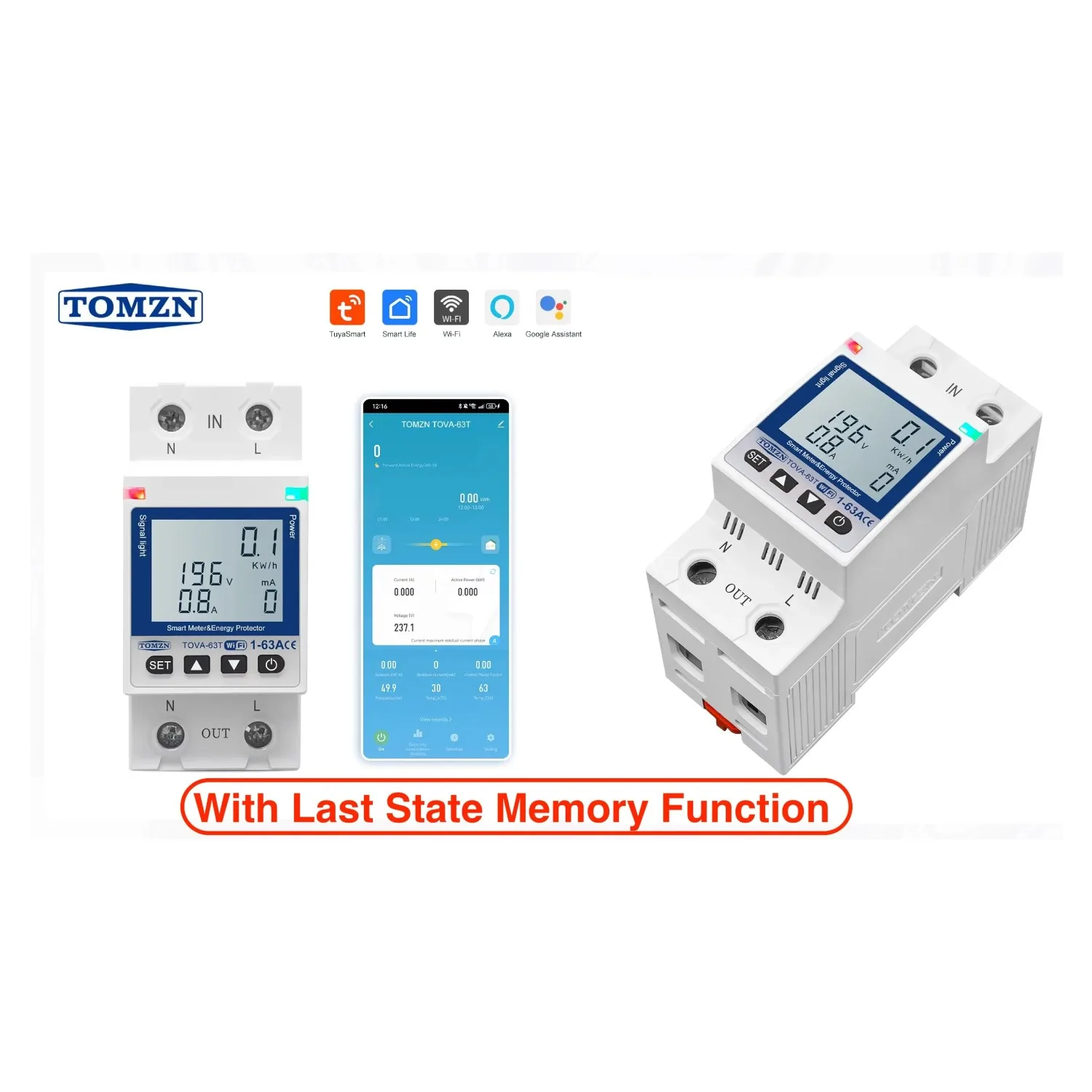 TOMZN TOVA-63T WIFI Circuit Breaker 63A Energy Meter, Timer, Voltage, Current Leakage Protection - Smartlife, TUYA App Support (White Display) TOMZN TOVA-63T WIFI Circuit Breaker 63A Energy Meter, Timer, Voltage, Current Leakage Protection - Smartlife, TUYA App Support (White Display)
