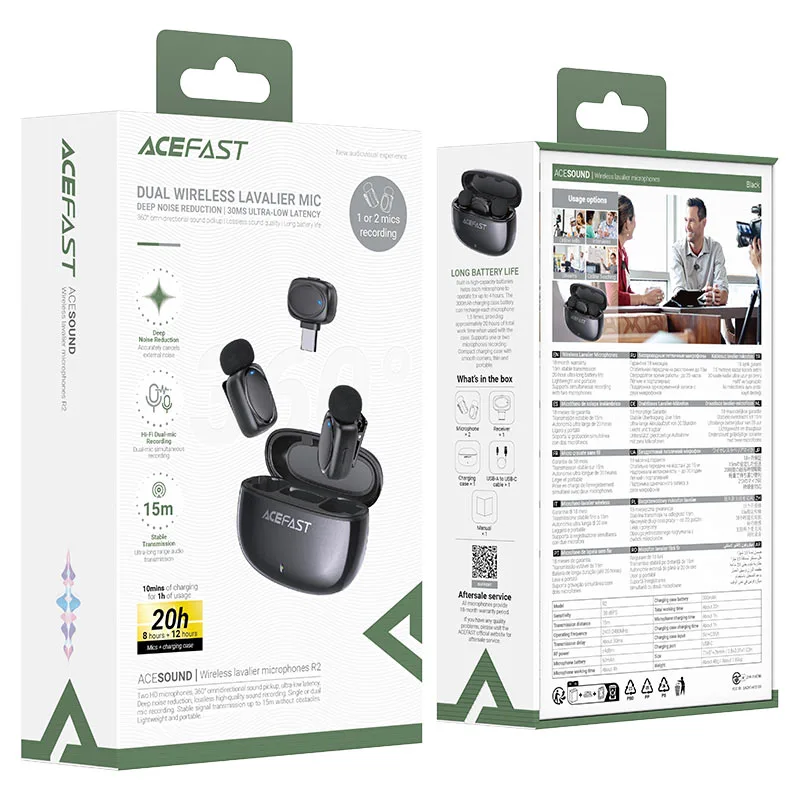 Acefast R2 Wireless Lavalier Microphone – Dual Mic Acefast R2 Wireless Lavalier Microphone - Dual Mic