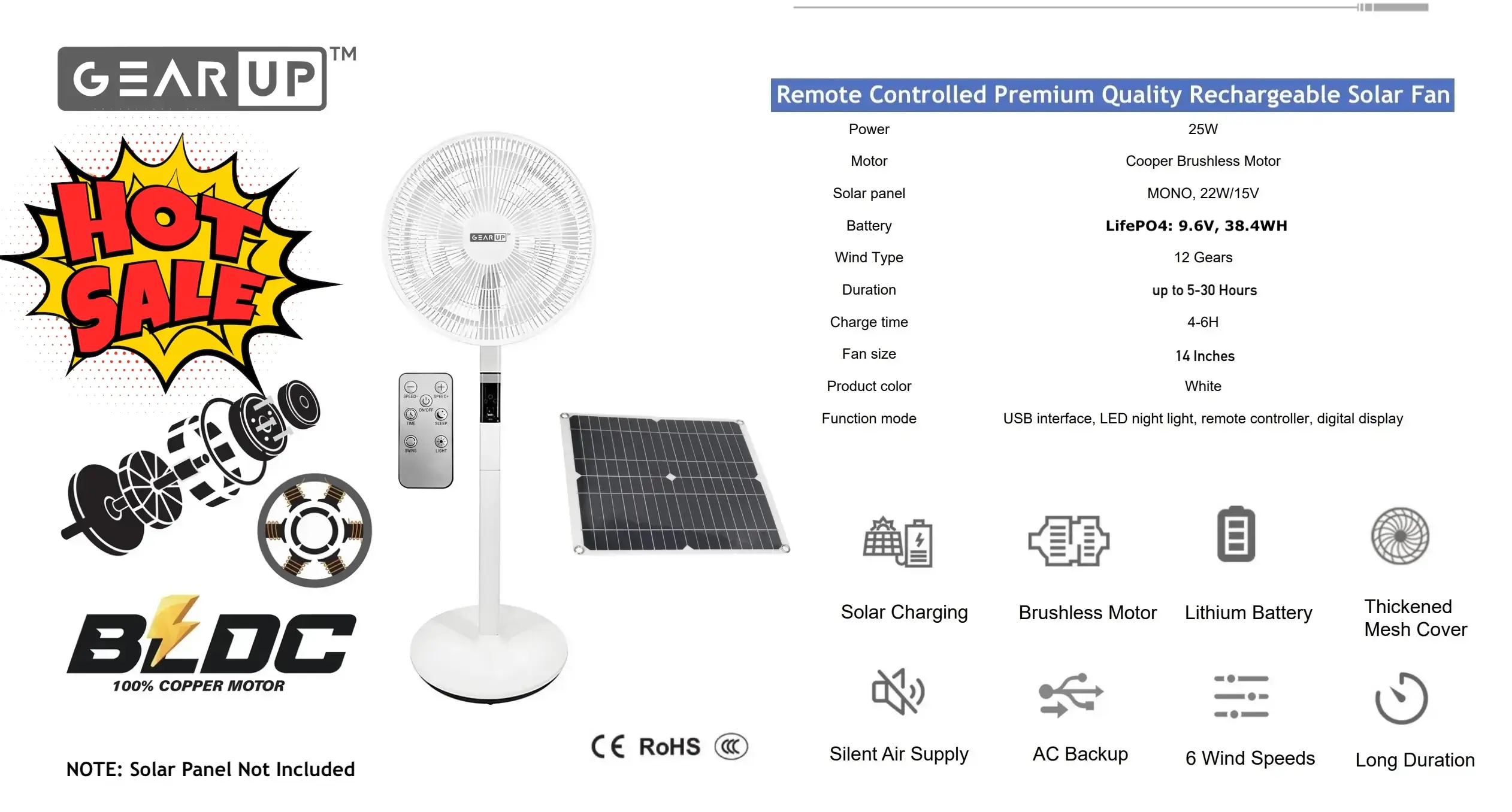 GearUP GP90 – 14 inch Premium Rechargeable LifePO4 + BLDC AC+ DC+ Solar Stand Fan (Without Solar Panel) GearUP GP90 - 14 inch Premium Rechargeable LifePO4 + BLDC AC+ DC+ Solar Stand Fan (Without Solar Panel)