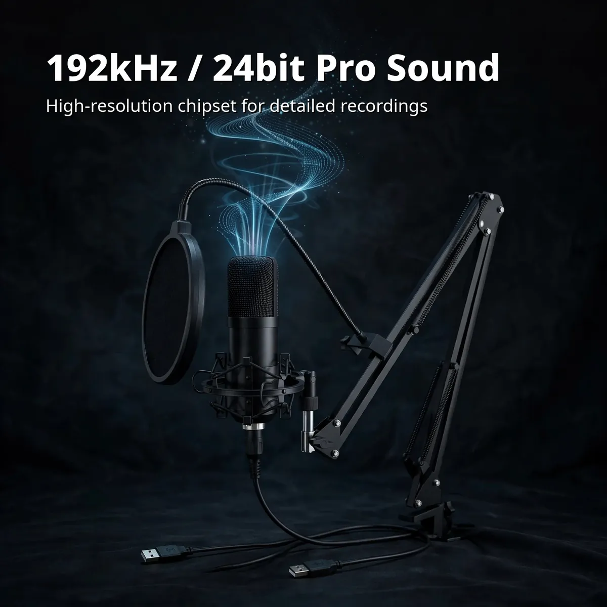 MAONO AU-A04 feature card showing the black condenser microphone on its boom arm with a blue sound-wave motif — 192kHz / 24bit Pro Sound. High-resolution chipset for detailed recordings.