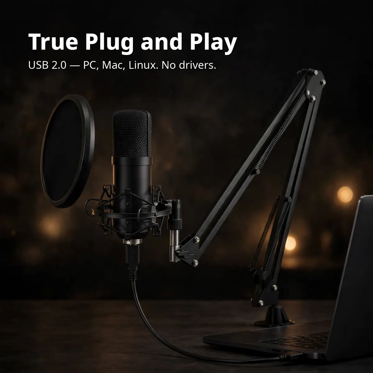 MAONO AU-A04 feature card showing the microphone on its boom arm connected by cable to a laptop — True Plug and Play. USB 2.0, PC, Mac, Linux. No drivers.