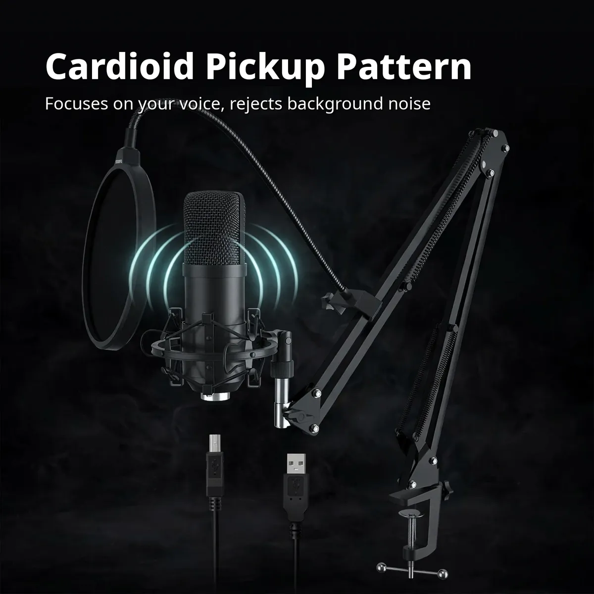 MAONO AU-A04 feature card showing the microphone with a cardioid pickup-pattern glow — Cardioid Pickup Pattern. Focuses on your voice, rejects background noise.