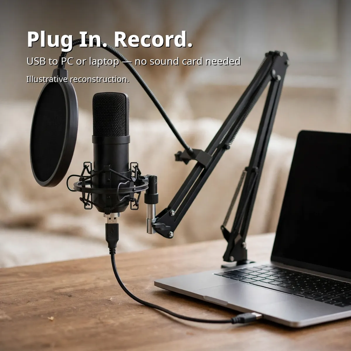MAONO AU-A04 connection infographic showing the microphone on its boom arm plugged into a laptop by USB — Plug In. Record. USB to PC or laptop, no sound card needed. Illustrative reconstruction.
