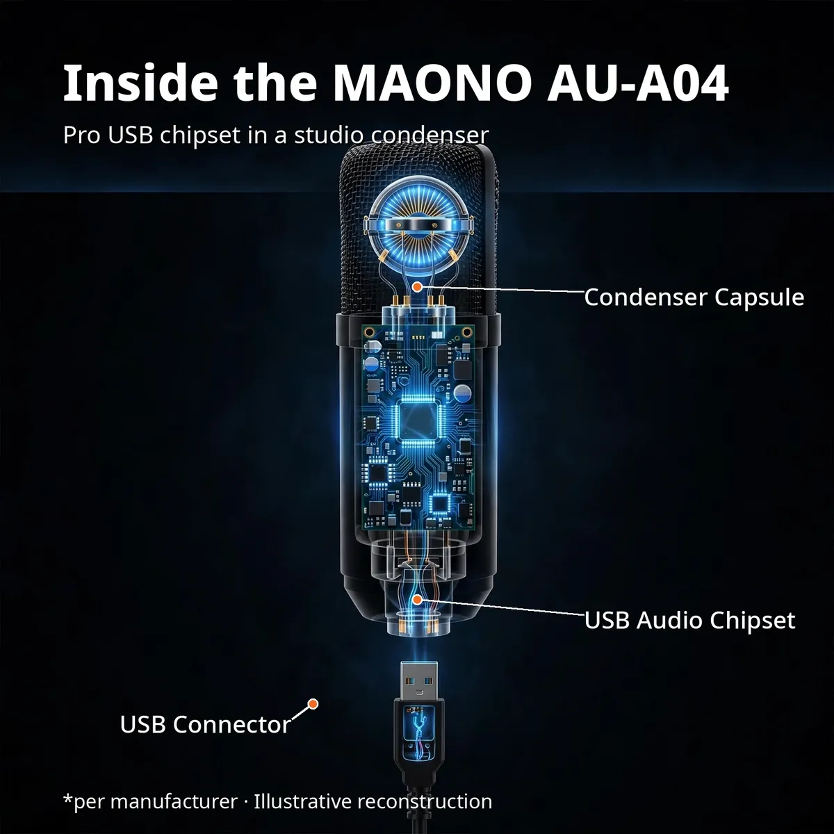 MAONO AU-A04 x-ray cutaway showing the glowing condenser capsule, USB audio chipset and USB connector with leader-line callouts — Inside the MAONO AU-A04. Pro USB chipset in a studio condenser. Illustrative reconstruction.