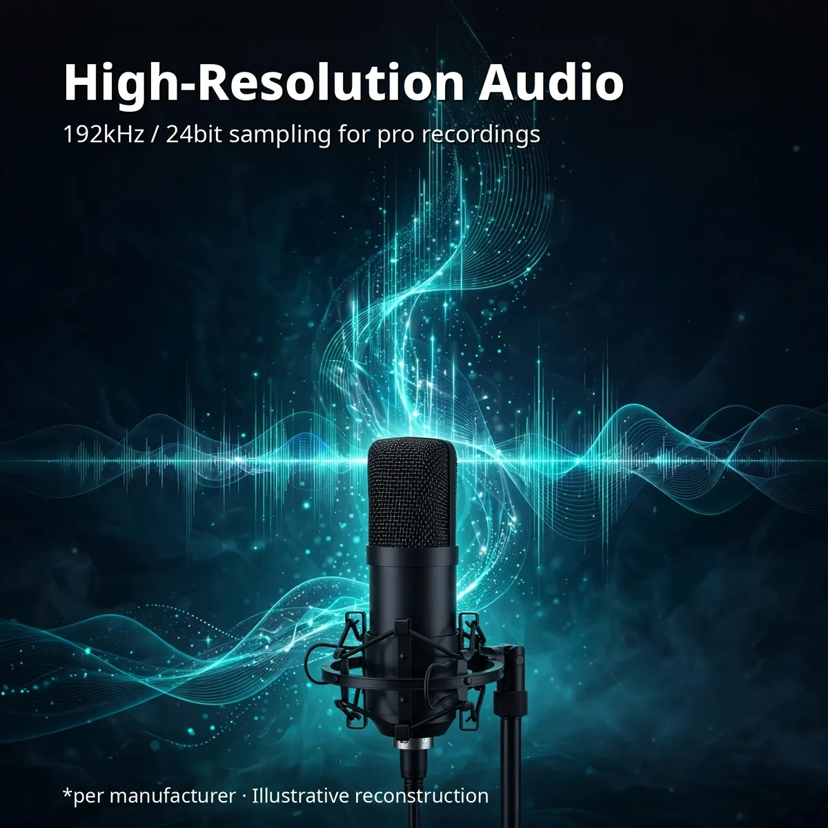 MAONO AU-A04 promotional artwork of the microphone surrounded by glowing audio waveforms — High-Resolution Audio. 192kHz / 24bit sampling for pro recordings. Illustrative reconstruction.