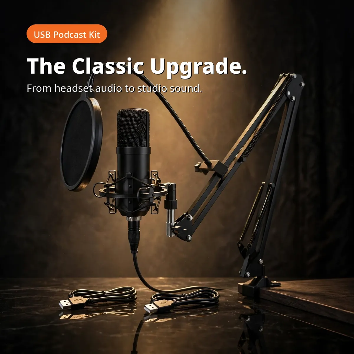 MAONO AU-A04 promo hero showing the microphone on its boom arm with pop filter in a studio spotlight — The Classic Upgrade. From headset audio to studio sound.