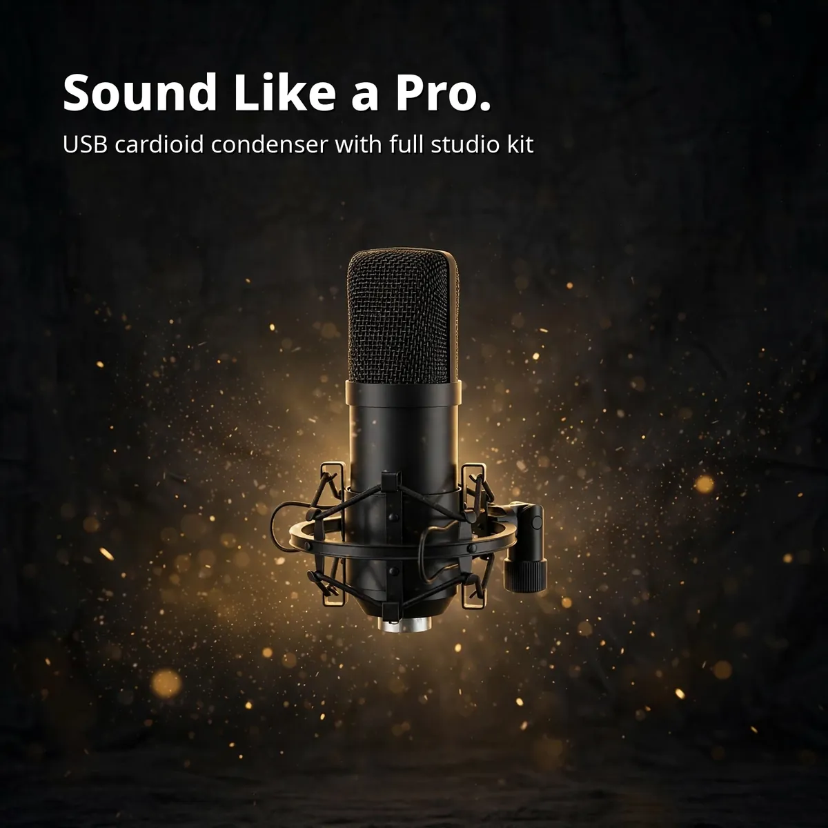 MAONO AU-A04 promo card showing the condenser microphone in golden particle light — Sound Like a Pro. USB cardioid condenser with full studio kit.