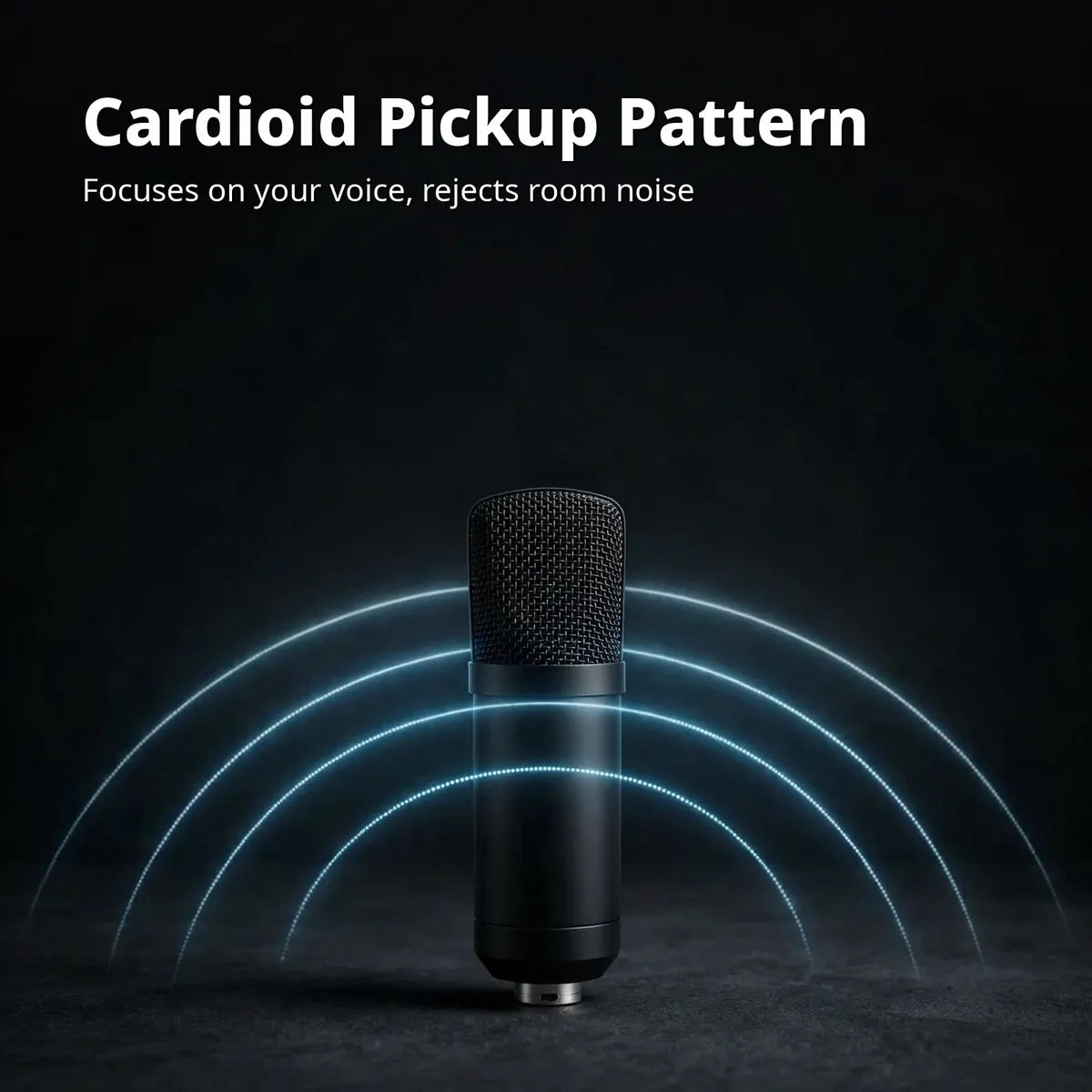 Maono AU-A03 cardioid pickup card showing the black condenser microphone with glowing heart-shaped pickup arcs on a dark studio backdrop